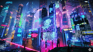 Cyberpunk Cityscape with Neon Skyscrapers and Digital Billboards at Night HD wallpaper