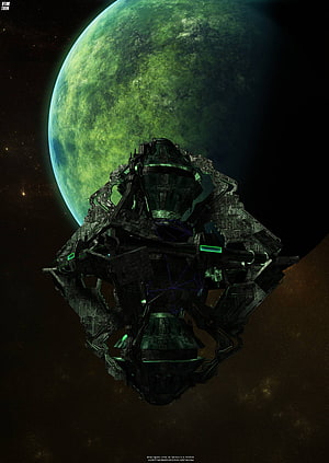 Star Trek Borg Queen's Vessel Orbiting a Lush Green Planet in Deep Space HD phone wallpaper