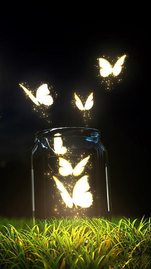 Glowing Fantasy Butterflies Escaping a Glass Jar in a Dark Meadow HD phone wallpaper