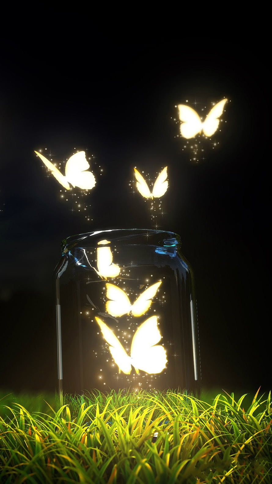 Glowing Fantasy Butterflies Escaping a Glass Jar in a Dark Meadow HD phone wallpaper