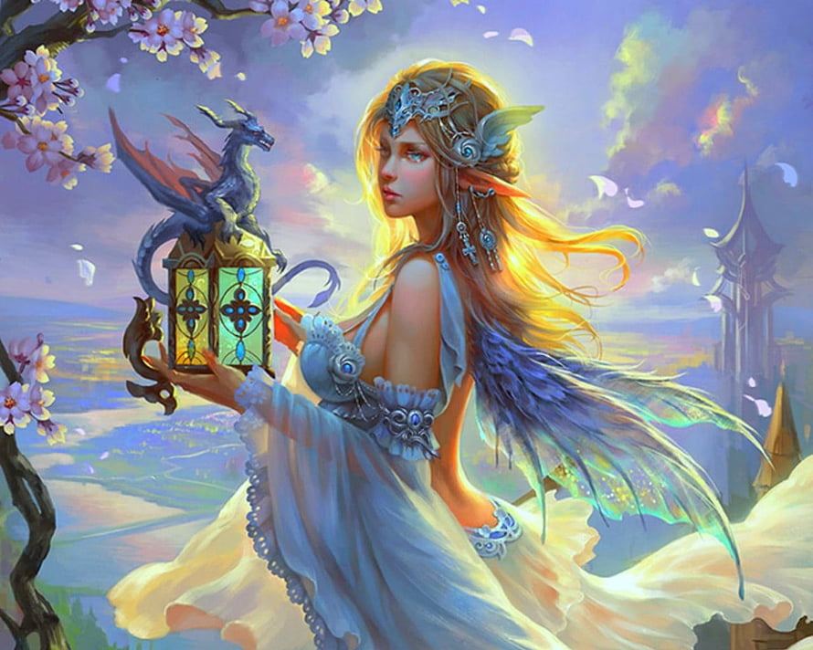 Ethereal Fairy Holding a Dragon Lantern in a Blossoming Fantasy Landscape HD wallpaper