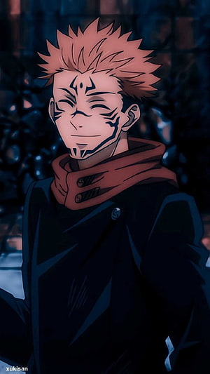 Sukuna from Jujutsu Kaisen with facial markings and spiky hair in dark anime style HD phone wallpaper