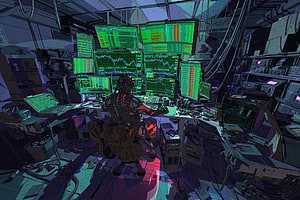 Cyberpunk Hacker in a Cluttered Server Room with Multiple Green Monitors HD wallpaper