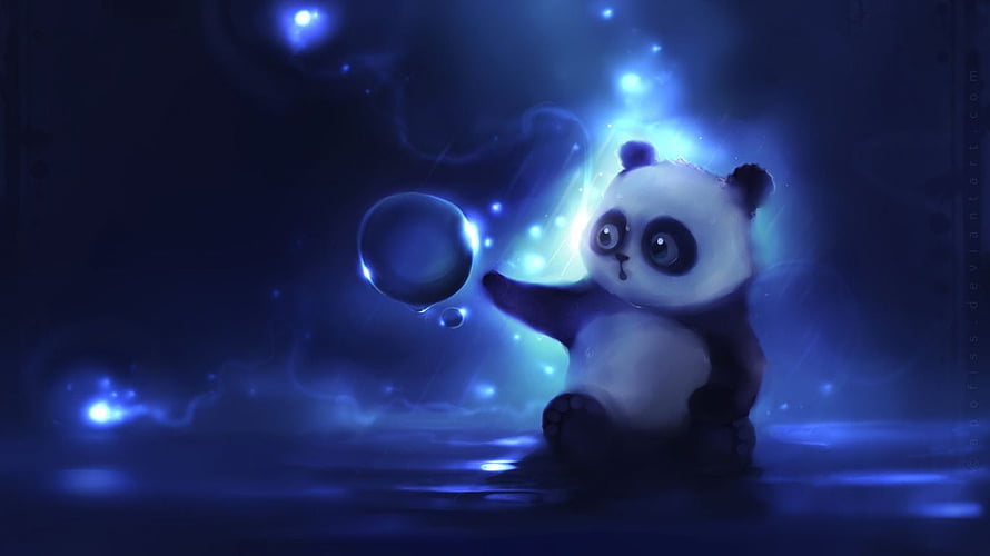 Cute Panda Cub Reaching for a Glowing Bubble in a Dreamy Blue Fantasy Landscape HD wallpaper