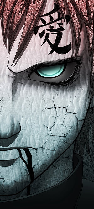 Gaara Close-Up Portrait with Cracked Skin and Glowing Eye from Naruto HD phone wallpaper