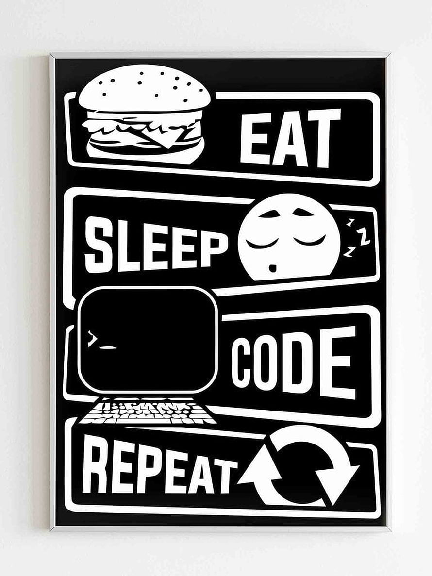 Minimalist Black and White Eat Sleep Code Repeat Wall Art Poster HD phone wallpaper