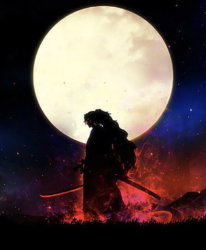 Yoriichi Tsugikuni Silhouette Standing Before a Massive Full Moon with Glowing Katana HD phone wallpaper
