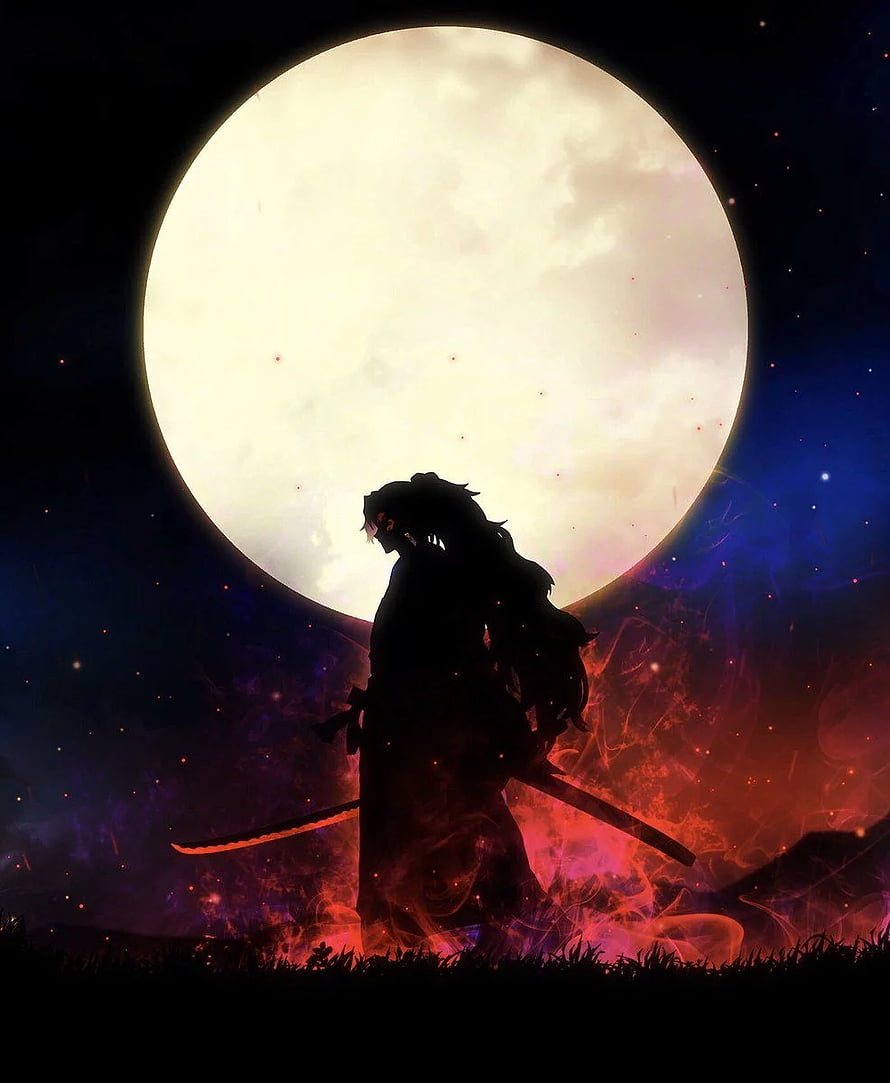 Yoriichi Tsugikuni Silhouette Standing Before a Massive Full Moon with Glowing Katana HD phone wallpaper