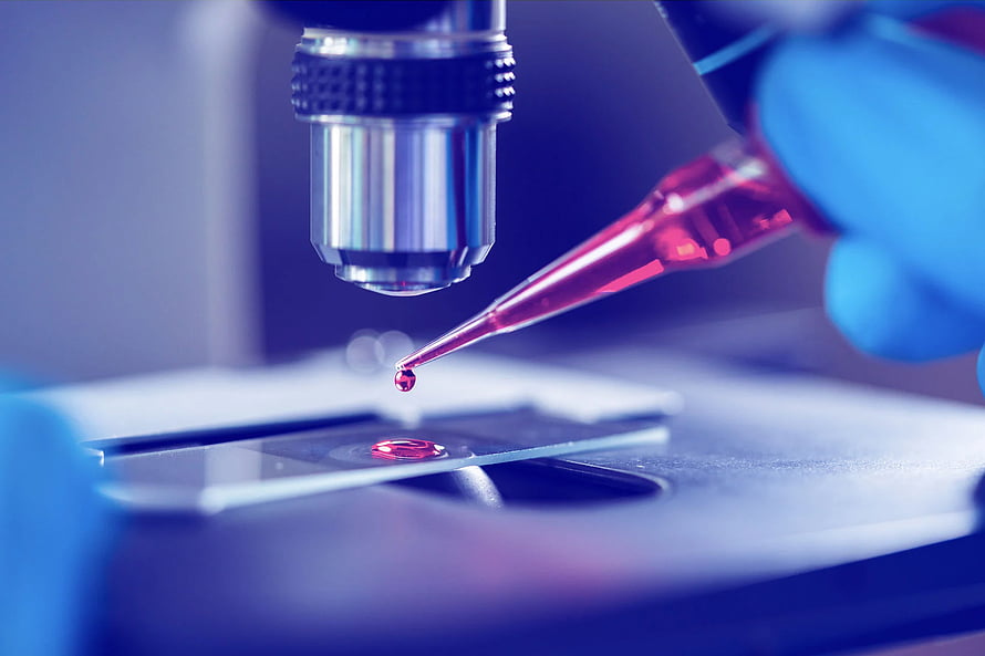 Scientist Using Pipette to Apply Red Sample on Microscope Slide in Laboratory HD wallpaper
