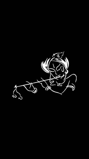 Minimalist White Line Art of Krishna Playing Flute on Black Background HD phone wallpaper