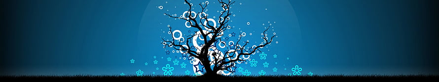 Stylized Bare Tree Silhouette with Glowing Floral Elements on Deep Blue Night Sky HD wallpaper