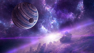 Violet Nebula and Gas Giant with Moon in Cosmic Cloudscape HD wallpaper