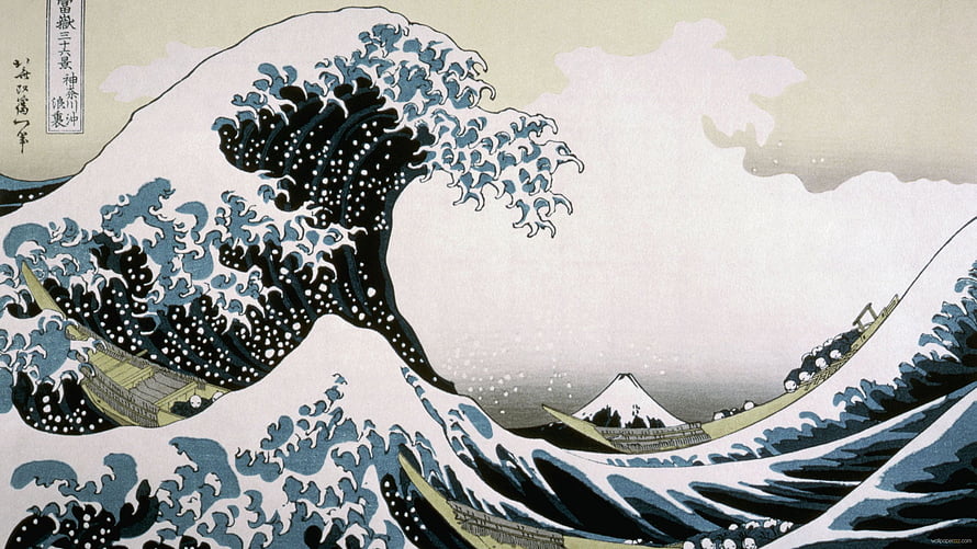 The Great Wave off Kanagawa by Hokusai with Mount Fuji in the Distance HD wallpaper