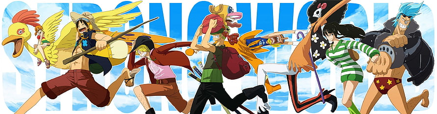 One Piece Straw Hat Pirates Running Together in Vibrant Anime Illustration HD wallpaper
