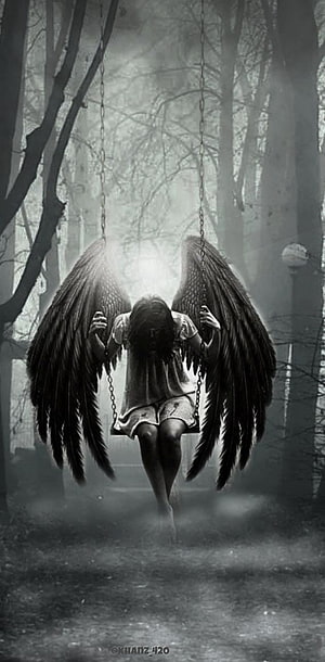 Fallen Angel Sitting on a Swing in a Misty Forest with Dark Wings HD phone wallpaper