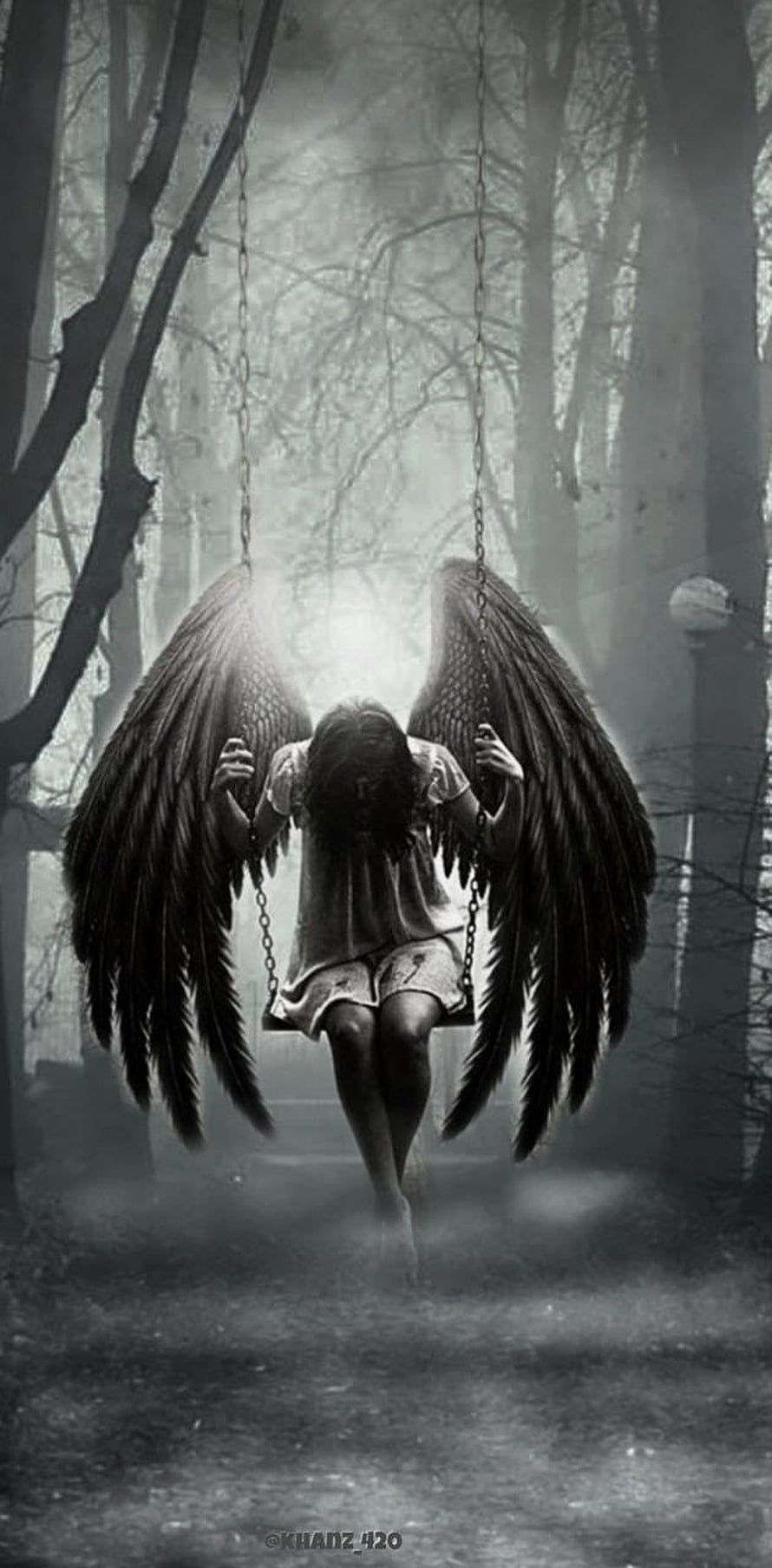 Fallen Angel Sitting on a Swing in a Misty Forest with Dark Wings HD phone wallpaper