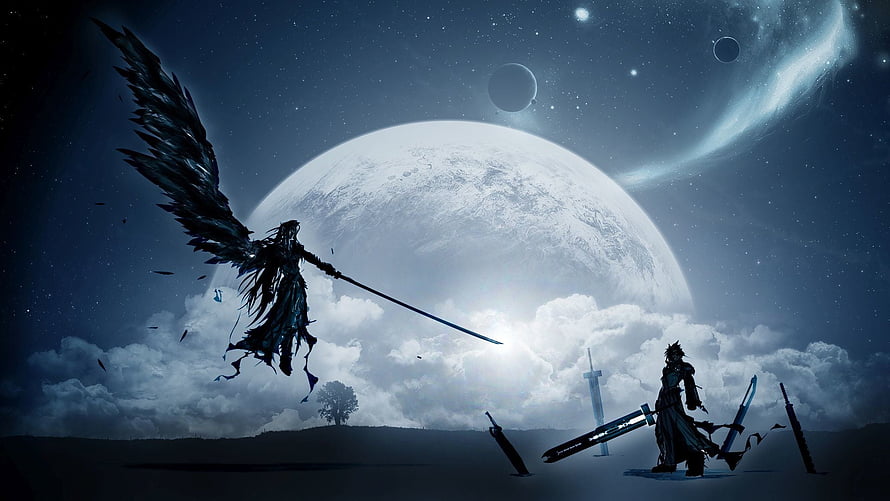 Final Fantasy VII Remake Artwork Featuring Sephiroth and Cloud in a Cosmic Landscape HD wallpaper