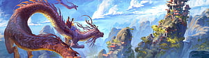 Majestic Eastern Dragon Soaring Over Floating Mountain Temples in Fantasy Landscape HD wallpaper