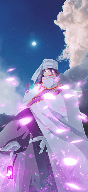 Byakuya Kuchiki in White Robes Under a Starlit Night Sky with Glowing Petals HD phone wallpaper