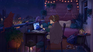 LoFi Hip Hop Girl Working on Laptop at Night in Cozy Balcony with Cat and City Lights HD wallpaper