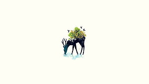 Minimalist Watercolor Deer with Tree Canopy and Birds on Cream Background HD wallpaper