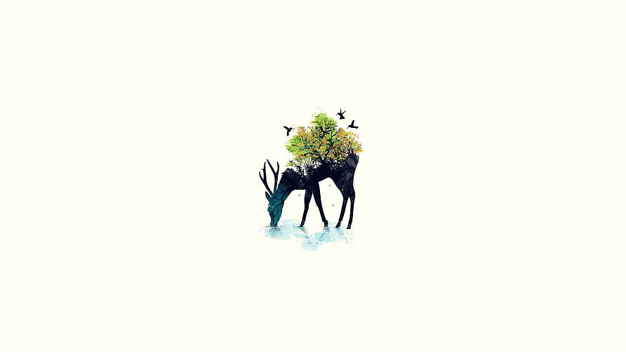 Minimalist Watercolor Deer with Tree Canopy and Birds on Cream Background HD wallpaper