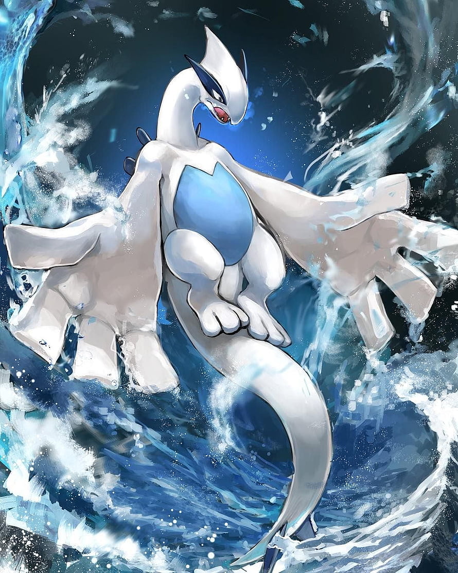Lugia Rising From Turbulent Ocean Waves in Dynamic Anime Fan Art HD phone wallpaper