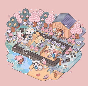 Kawaii Animal Crossing Island Life with Cute Characters and Cherry Blossoms HD wallpaper