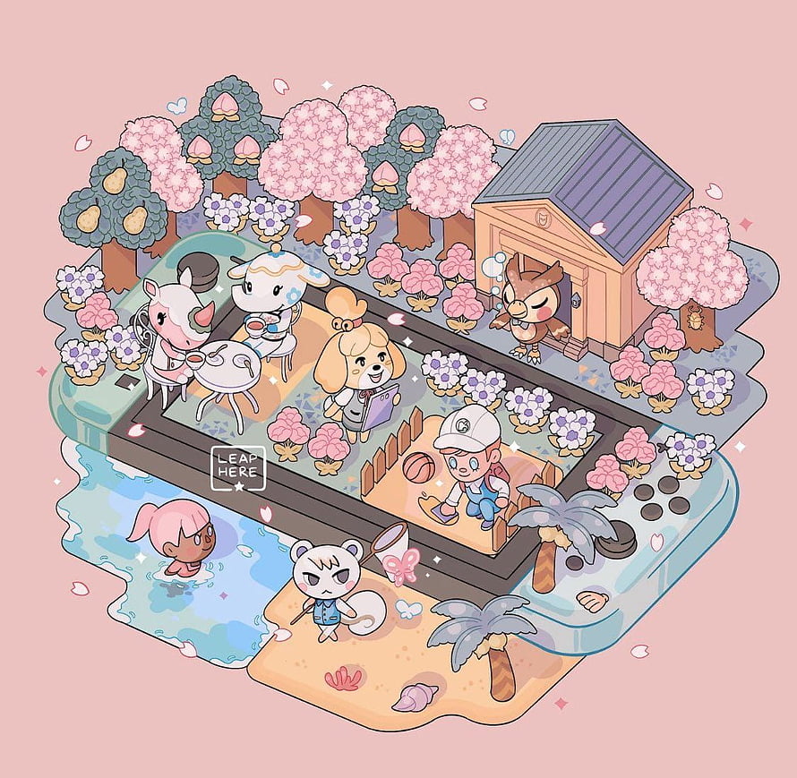 Kawaii Animal Crossing Island Life with Cute Characters and Cherry Blossoms HD wallpaper