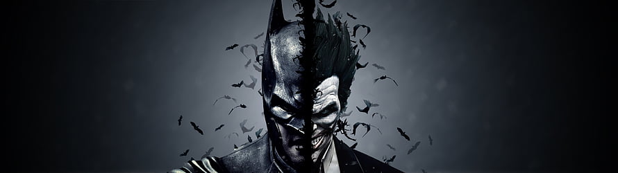 Batman and Joker Split Face Portrait with Flying Bats in Dark Cinematic Style, Dual Screen - Wg - General, 5120X1440 Dual Screen HD wallpaper