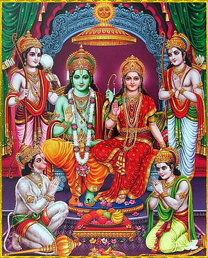 Lord Rama and Sita with Hanuman and Lakshmana in Traditional Indian Temple Art, VISHNU ART : . Sita ram, Ram hanuman, Hanuman, Ram Darbar HD phone wallpaper