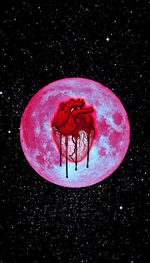 Surreal Pink Moon with Anatomical Heart and Dripping Blood in Starry Night Sky HD phone wallpaper