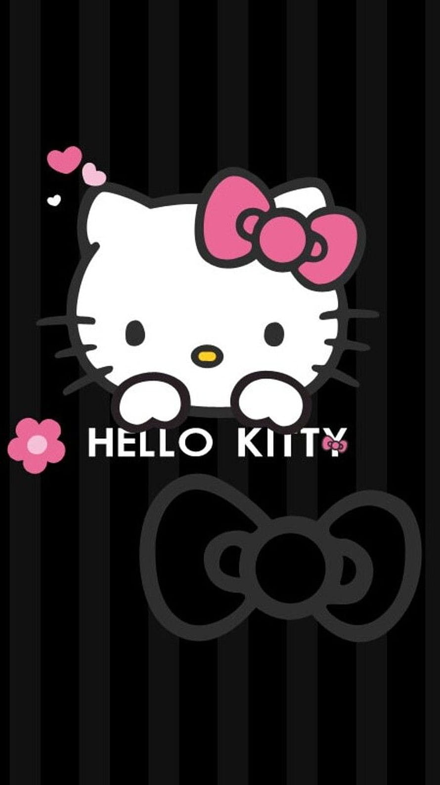 Cute Hello Kitty Peeking Over Black Striped Background with Pink Bow and Hearts HD phone wallpaper