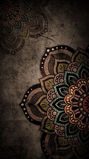 Dark Grunge Mandala Floral Pattern on Textured Concrete Background HD phone wallpaper