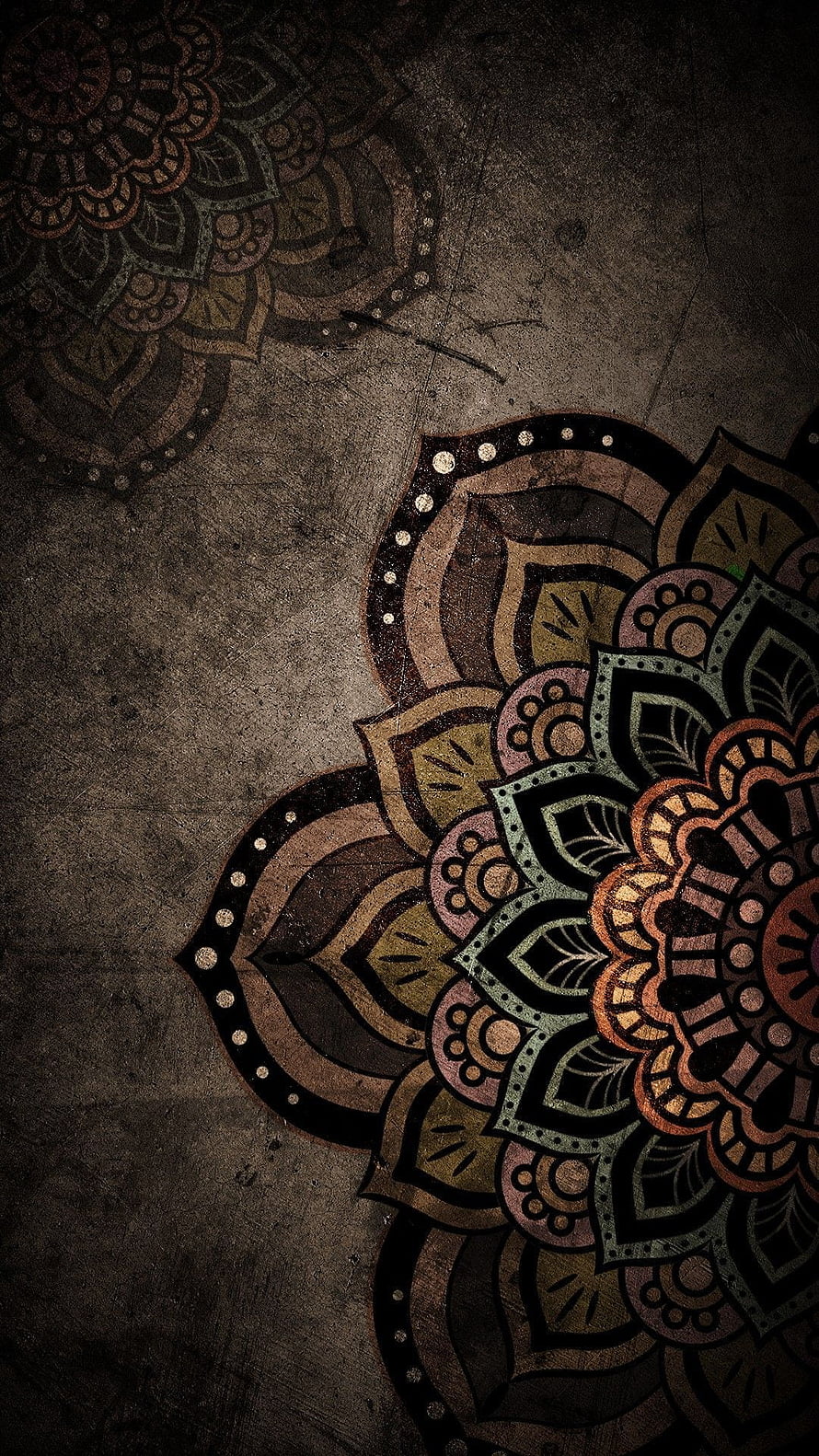 Dark Grunge Mandala Floral Pattern on Textured Concrete Background HD phone wallpaper