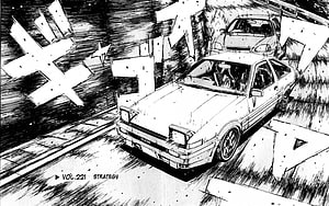 Initial D manga panel featuring a white AE86 drifting on a mountain road with dramatic speed lines HD wallpaper
