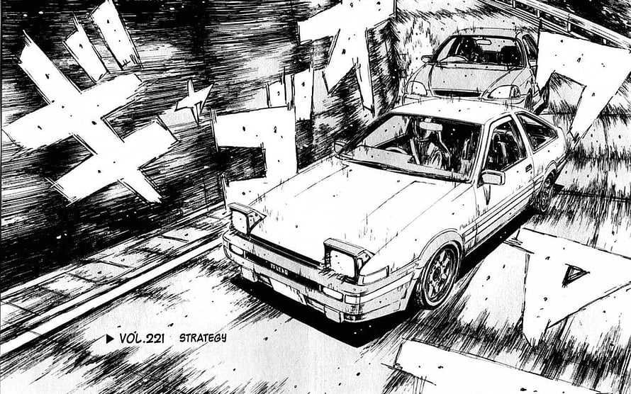 Initial D manga panel featuring a white AE86 drifting on a mountain road with dramatic speed lines HD wallpaper