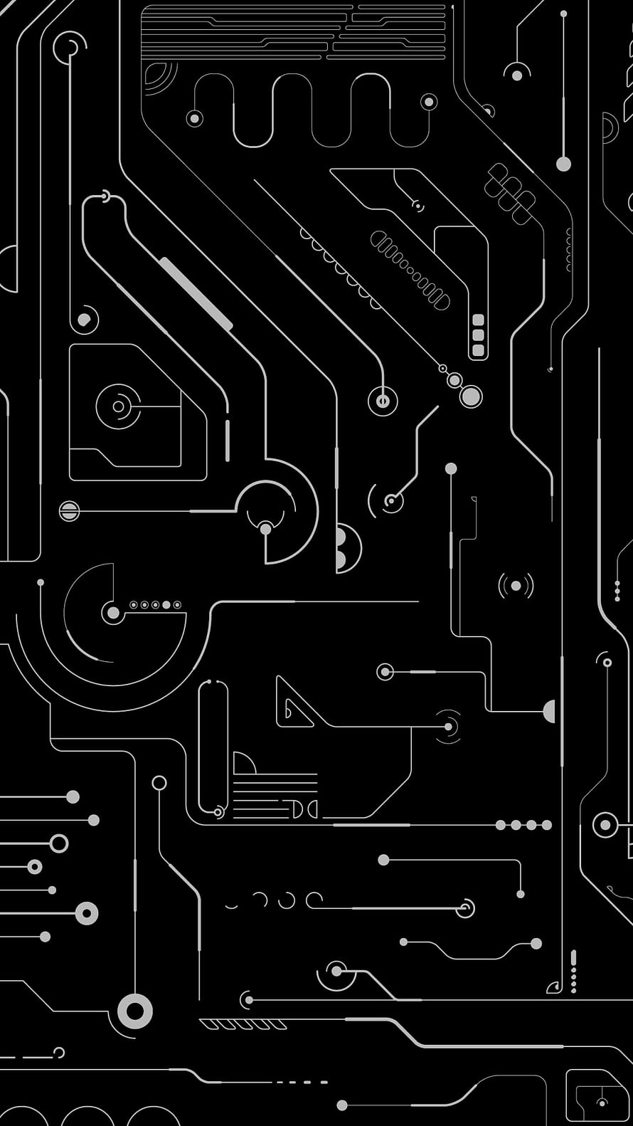 Black Circuit Board Schematic with White Traces and Electronic Components HD phone wallpaper