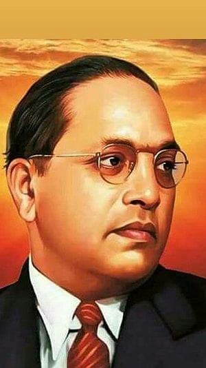 Dr. B. R. Ambedkar Portrait Painting with Round Glasses and Red Tie Against Warm Sunset Sky HD phone wallpaper