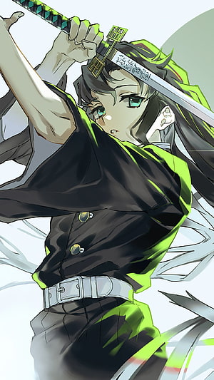 Muichiro Tokito from Demon Slayer in Dynamic Sword Stance with Green and Black Uniform HD phone wallpaper