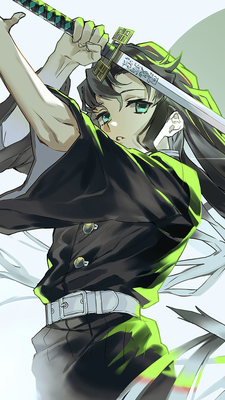 Muichiro Tokito from Demon Slayer in Dynamic Sword Stance with Green and Black Uniform HD phone wallpaper