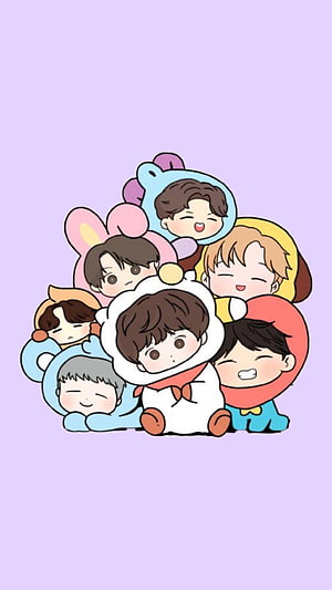 BT21 Chibi Character Group Illustration on Soft Lavender Background HD phone wallpaper
