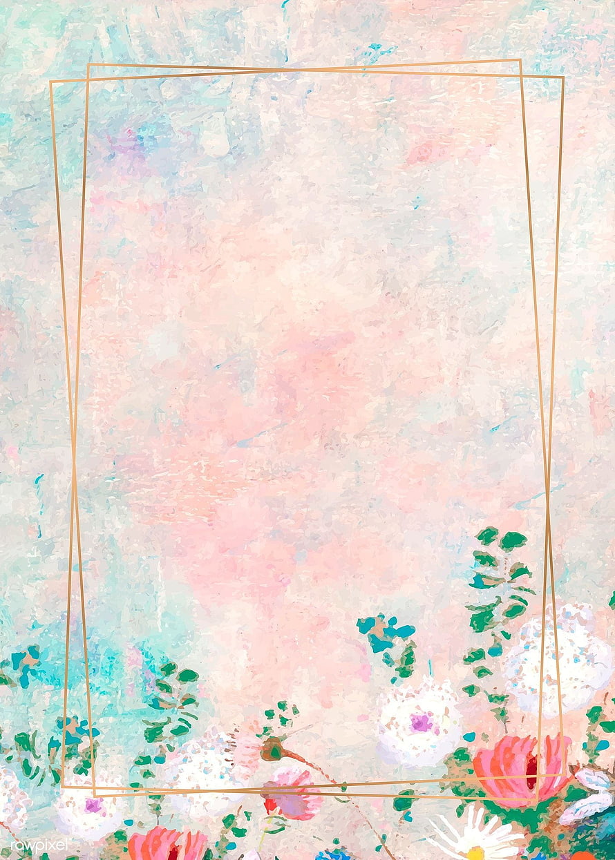 Elegant Gold Rectangle Frame on Soft Pastel Floral Watercolor Background HD phone wallpaper