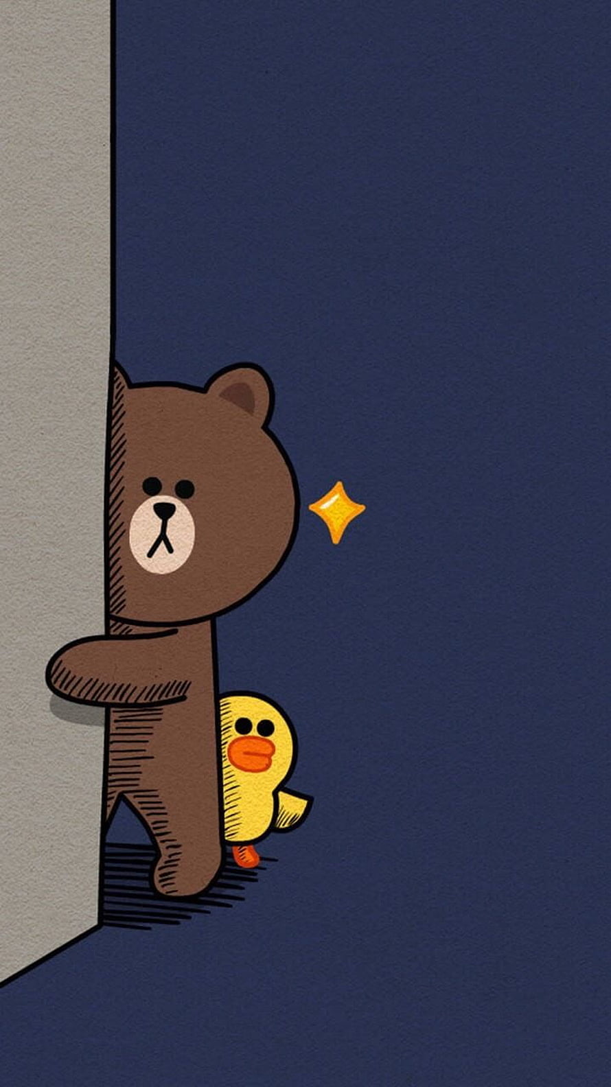 Line Friends Brown Bear and Sally Duck Peeking from a Corner on a Dark Blue Background HD phone wallpaper