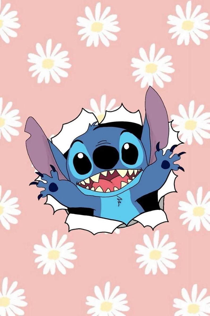 Cute Stitch Popping Through Pink Daisies Wallpaper HD phone wallpaper