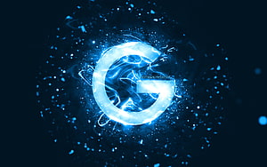 Glowing Blue Google G Logo with Electric Energy and Particle Effects on Dark Background HD wallpaper