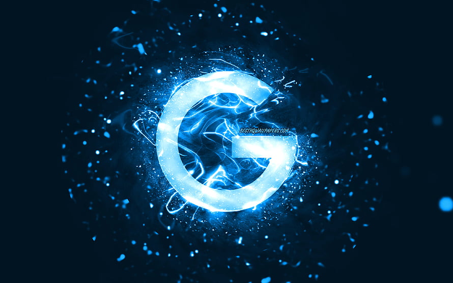 Glowing Blue Google G Logo with Electric Energy and Particle Effects on Dark Background HD wallpaper