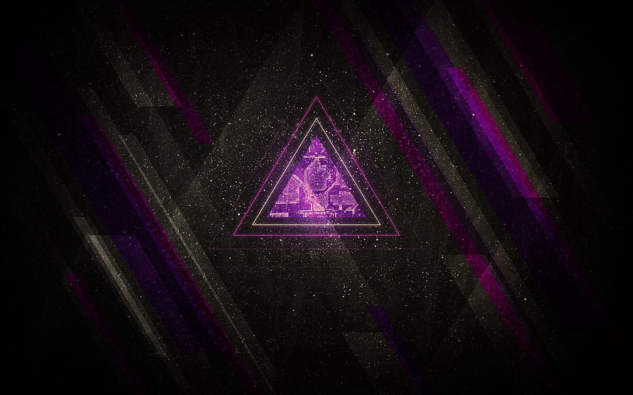 Dark Geometric Triangle with Purple Neon Glow and Diagonal Light Streaks HD wallpaper
