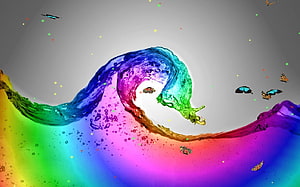 Vibrant Rainbow Liquid Splash with Colorful Butterflies and Bubbles HD wallpaper