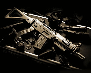 Sig 552 Commando Tactical Rifle with Accessories on Dark Surface HD wallpaper
